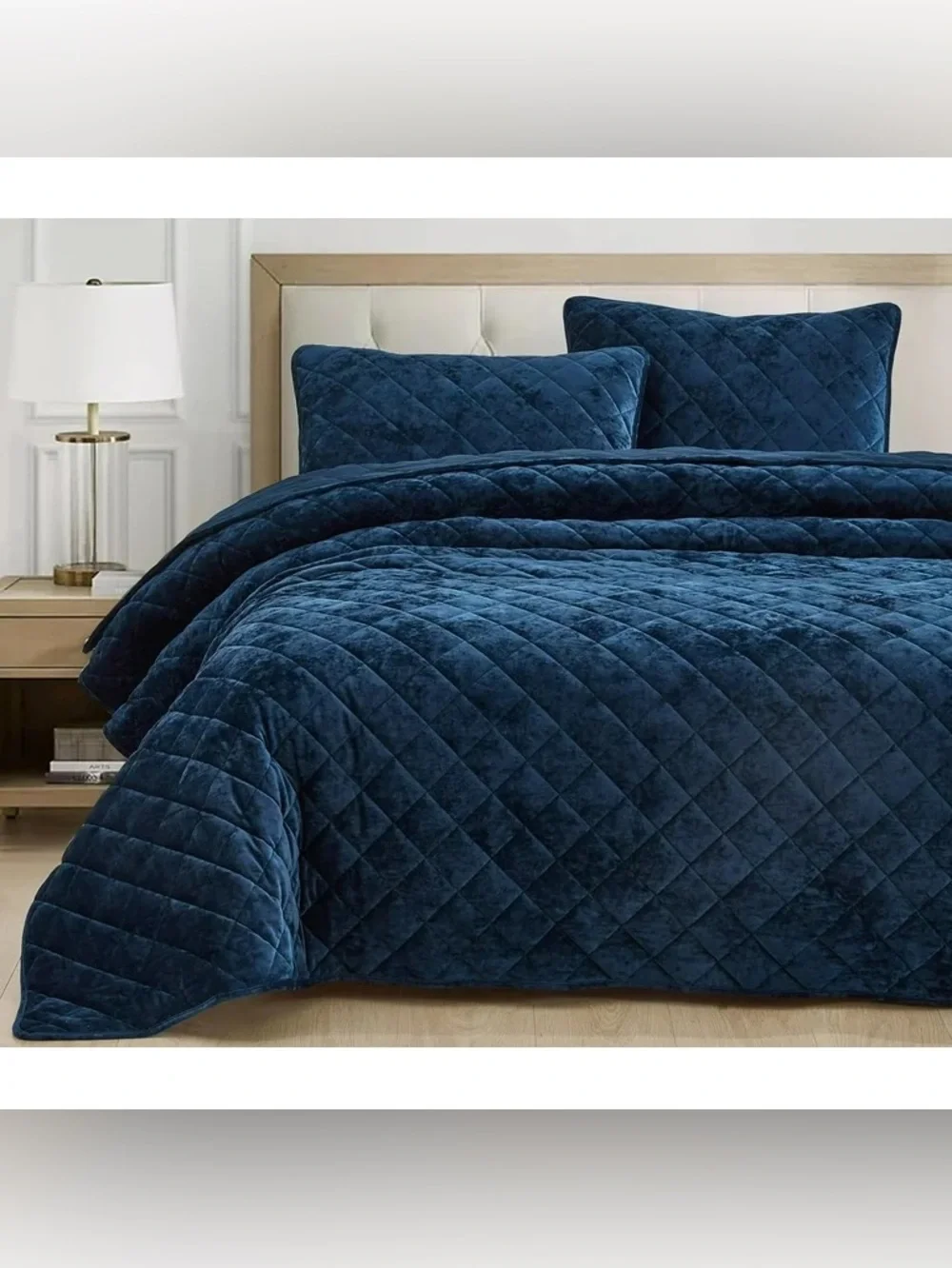 Plush Quilted Velvet 3 piece oversized king quilt Set - Navy